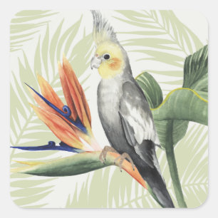 Palmbladeren met zwarte vogel vierkante sticker