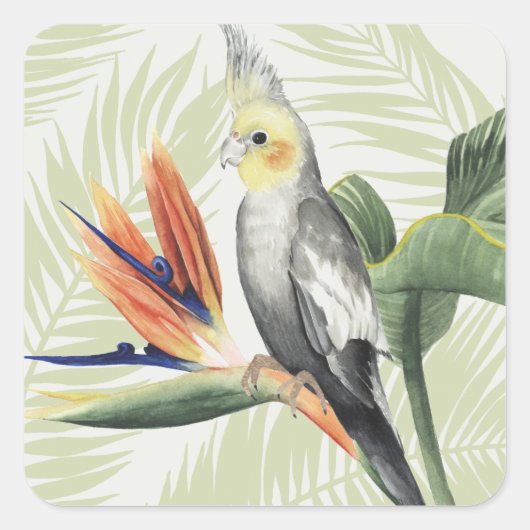 Palmbladeren met zwarte vogel vierkante sticker (Voorkant)