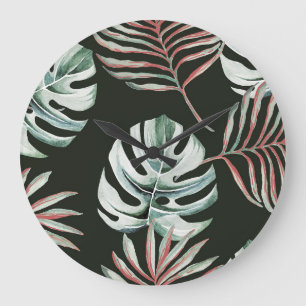 Palmbladeren, monstera: tropische waterverf. grote klok