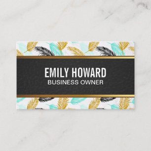 Palmbladeren   Natuurlijk   Zwarte Leer Gouden Afw Visitekaartje