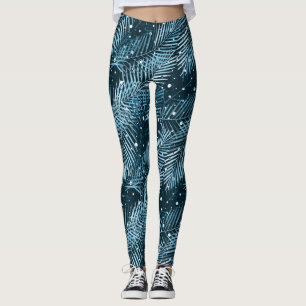 Palmbladeren op blauw met witte poka-stippen. leggings