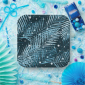 Palmbladeren op blauw met witte poka-stippen. papieren bordje (Feest)