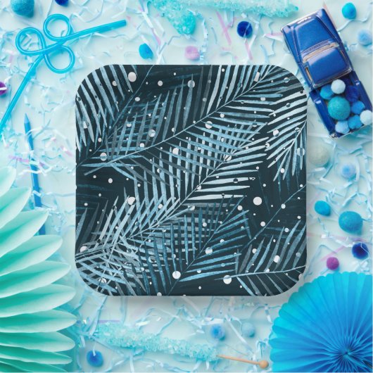 Palmbladeren op blauw met witte poka-stippen. papieren bordje (Feest)