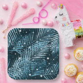 Palmbladeren op blauw met witte poka-stippen. papieren bordje (Feest)