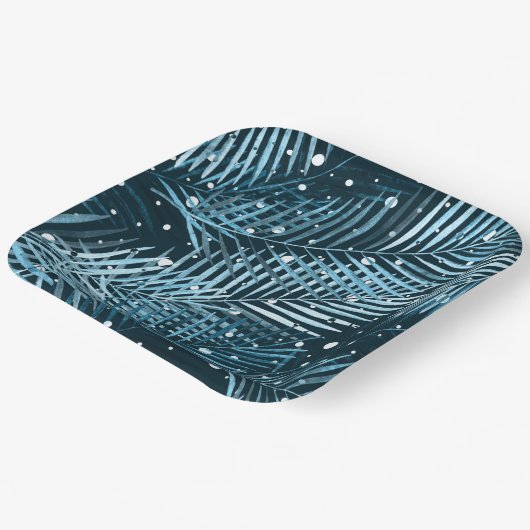 Palmbladeren op blauw met witte poka-stippen. papieren bordje (Gebogen)