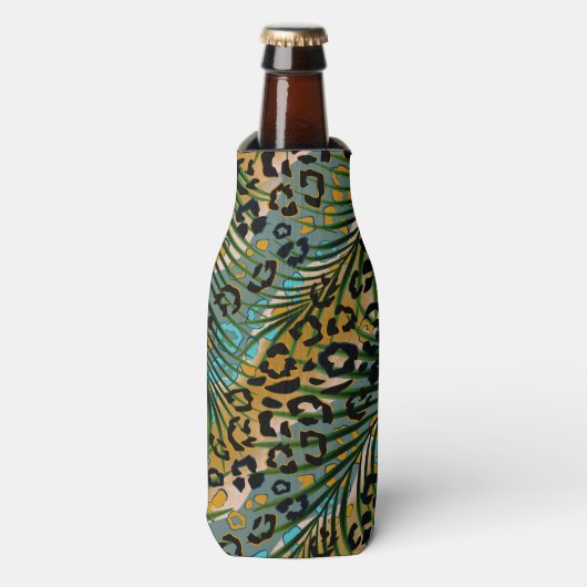 Palmbladeren op een luipaard achtergrond. flesjeskoeler (Fles Voorkant)