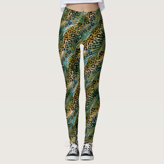 Palmbladeren op een luipaard achtergrond. leggings (Voorkant)