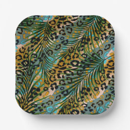 Palmbladeren op een luipaard achtergrond. papieren bordje