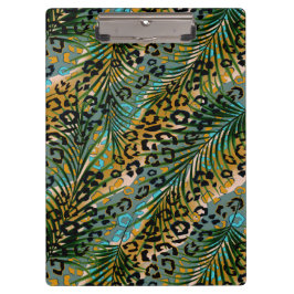 Palmbladeren op een luipaard achtergrond. servette klembord