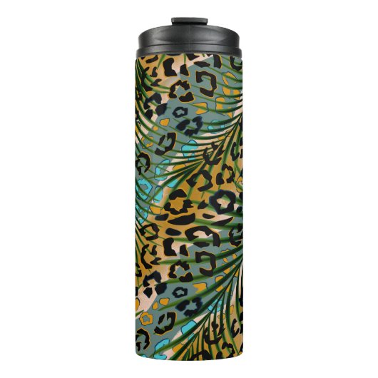 Palmbladeren op een luipaard achtergrond. thermosbeker (Voorkant)