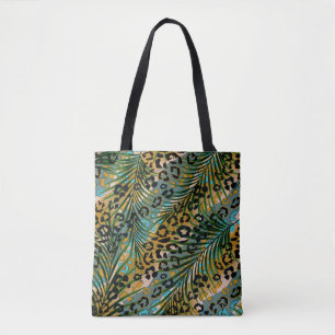 Palmbladeren op een luipaard achtergrond. tote bag