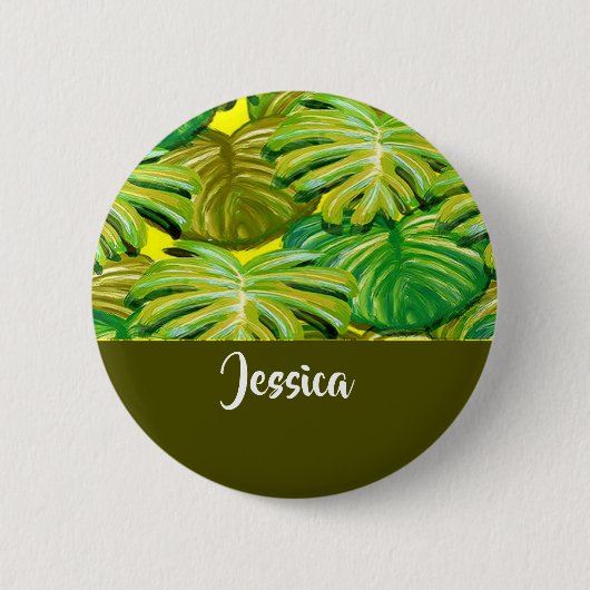 Palmbladeren op geel ronde button 5,7 cm (Voorkant)