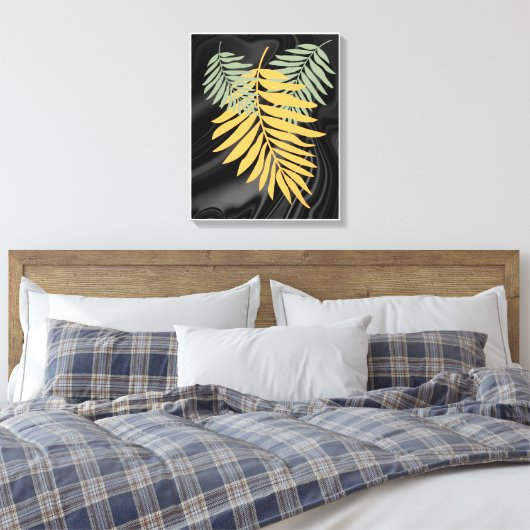 Palmbladeren op het Zwarte Satin Canvas (Insitu (Slaapkamer))