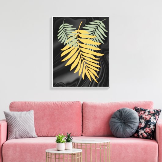 Palmbladeren op het Zwarte Satin Canvas (Insitu (Woonkamer))