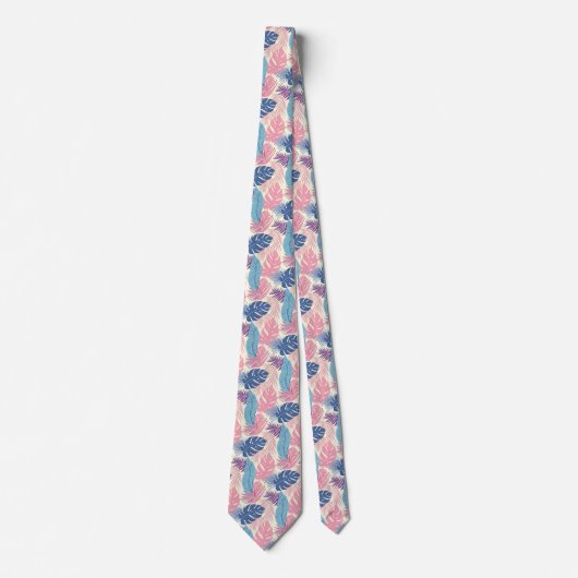 Palmbladeren Pastel Navy roze Bord blauw Stropdas (Voorkant)