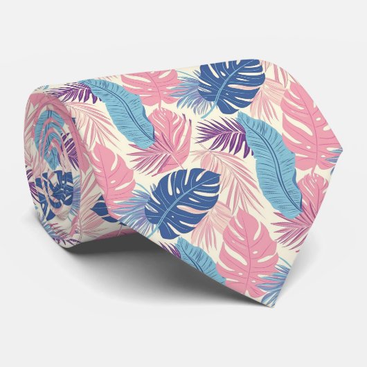 Palmbladeren Pastel Navy roze Bord blauw Stropdas (Opgerold)