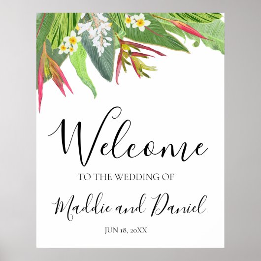 Palmbladeren Plumeria Tropisch Elegant Welkomstbor Poster (Voorkant)