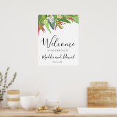 Palmbladeren Plumeria Tropisch Elegant Welkomstbor Poster (Keuken)