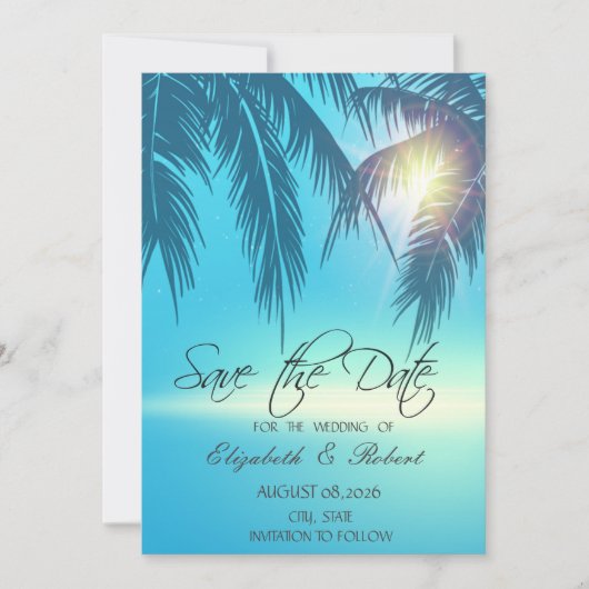 Palmbladeren Strand Blauw Save The Date (Voorkant)