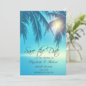Palmbladeren Strand Blauw Save The Date (Staand voorkant)