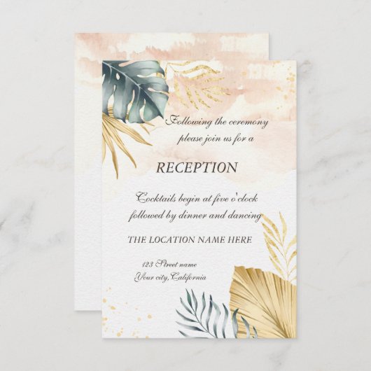 Palmbladeren strand bruiloftsreceptie uitnodiging (Voorkant / Achterkant)