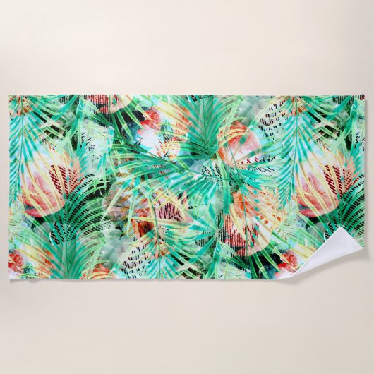 palmbladeren, tropisch, botanisch, kleurrijk strandlaken (Voorkant)