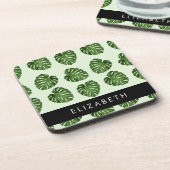 Palmbladeren, tropisch patroon, Jouw naam Bier Onderzetter (Linkerzijde)