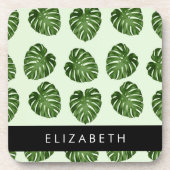 Palmbladeren, tropisch patroon, Jouw naam Bier Onderzetter (Voorkant)