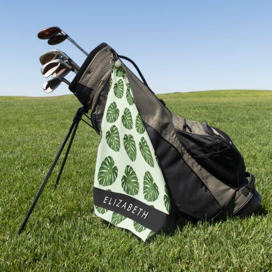 Palmbladeren, tropisch patroon, Jouw naam Golfhanddoek (Groen)
