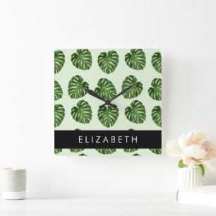 Palmbladeren, tropisch patroon, Jouw naam Vierkante Klok