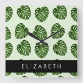 Palmbladeren, tropisch patroon, Jouw naam Vierkante Klok (Voorkant)