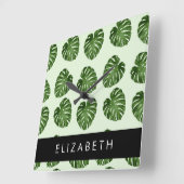 Palmbladeren, tropisch patroon, Jouw naam Vierkante Klok (Hoek)