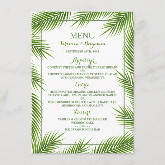 Palmbladeren Tropisch strand Bruiloft Menu (Voorkant)