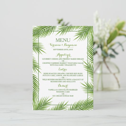 Palmbladeren Tropisch strand Bruiloft Menu (Staand voorkant)