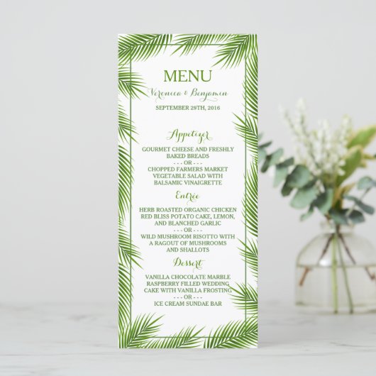 Palmbladeren Tropisch strand Bruiloft Menu (Staand voorkant)