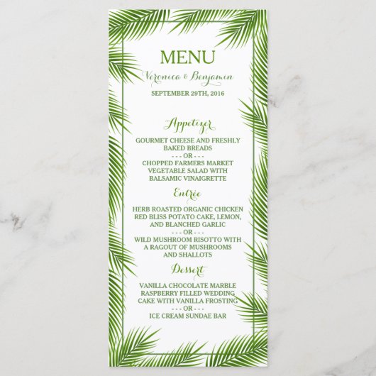 Palmbladeren Tropisch strand Bruiloft Menu (Voorkant)