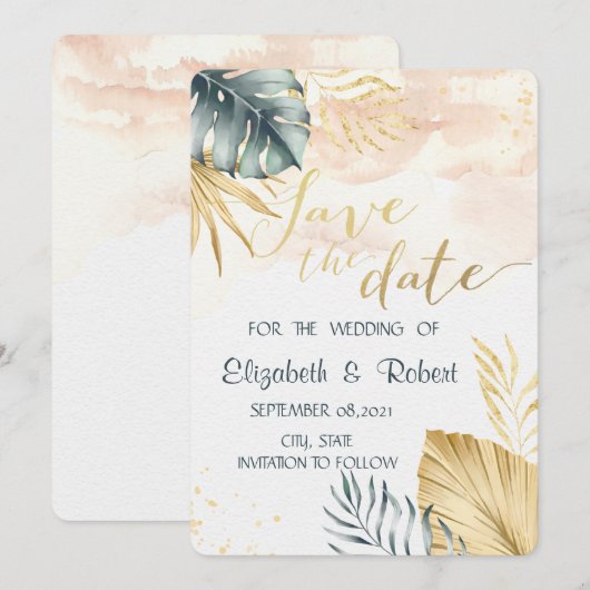Palmbladeren Watercolor Save The Date (Voorkant / Achterkant)