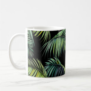 Palmbladeren: Waterverf zwarte achtergrond. Koffiemok