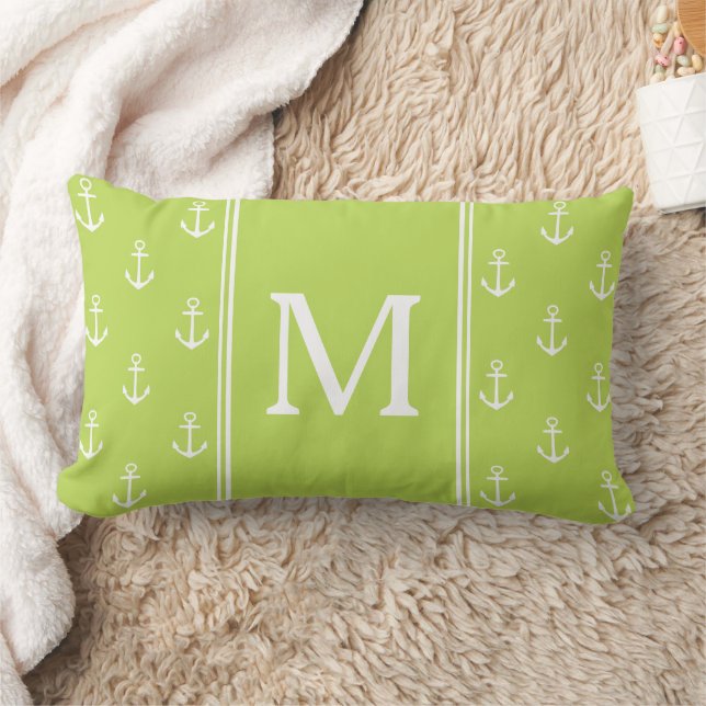 Palmbladgroen en witte ankers Monogram Kussen (Deken)