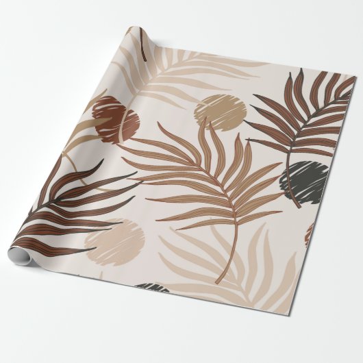palmbladlijnkunst naadloos patroon op aarde cadeaupapier (Uitgerold)