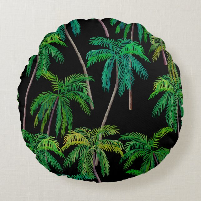 Palmbomen: acryl zomerpatroon. rond kussen (Voorkant)
