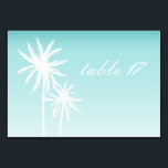 Palmbomen Aqua Trouwtafel Nummer Kaart<br><div class="desc">Een trouwtafel nummer plaats kaart met een illustratie van twee palmbomen over een aqua ombre achtergrond.</div>