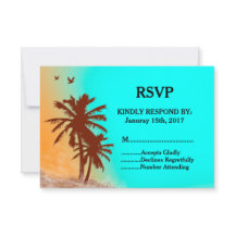 Palmbomen blauwe oceaan strand bruiloft RSVP stran