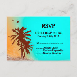 Palmbomen blauwe oceaan strand bruiloft RSVP stran Kaartje
