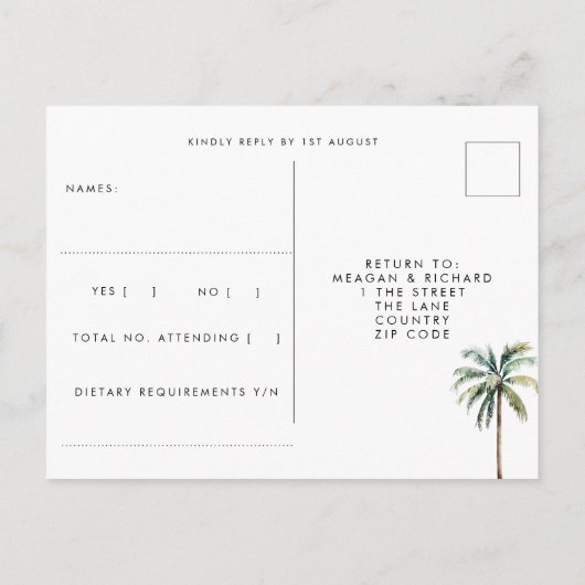 Palmbomen boho strand bruiloft rsvp briefkaart (Achterkant)