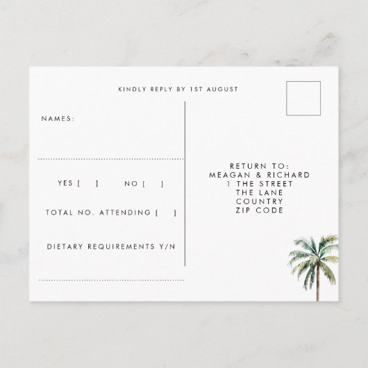 Palmbomen boho strand bruiloft rsvp briefkaart (Achterkant)