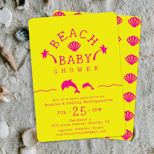 Palmbomen & Dolfijnen Geel & Roze Strand Baby Show Kaart