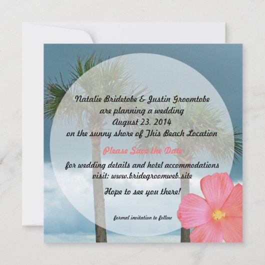 Palmbomen en Hibiscus Tropical Bewaar de datum Save The Date (Achterkant)