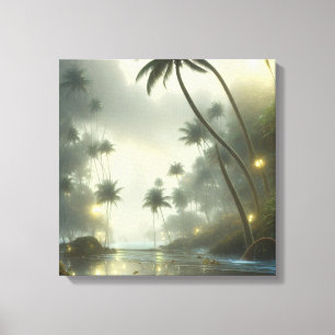 Palmbomen en oceaan nevelige dag canvas afdruk