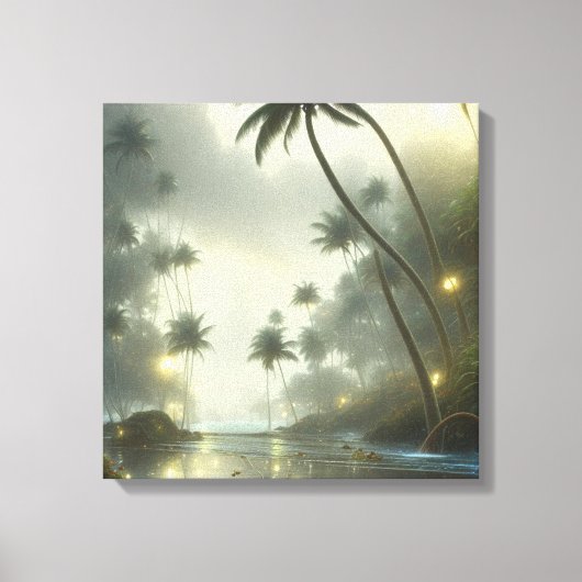 Palmbomen en oceaan nevelige dag canvas afdruk (Voorkant)